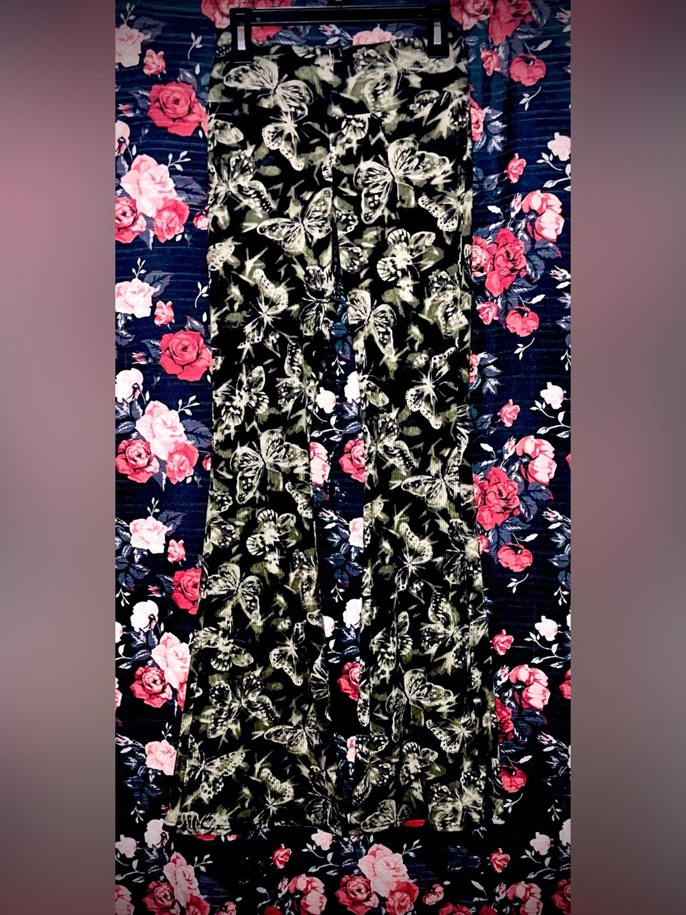 Black and green Butterfly Print Flared Pants